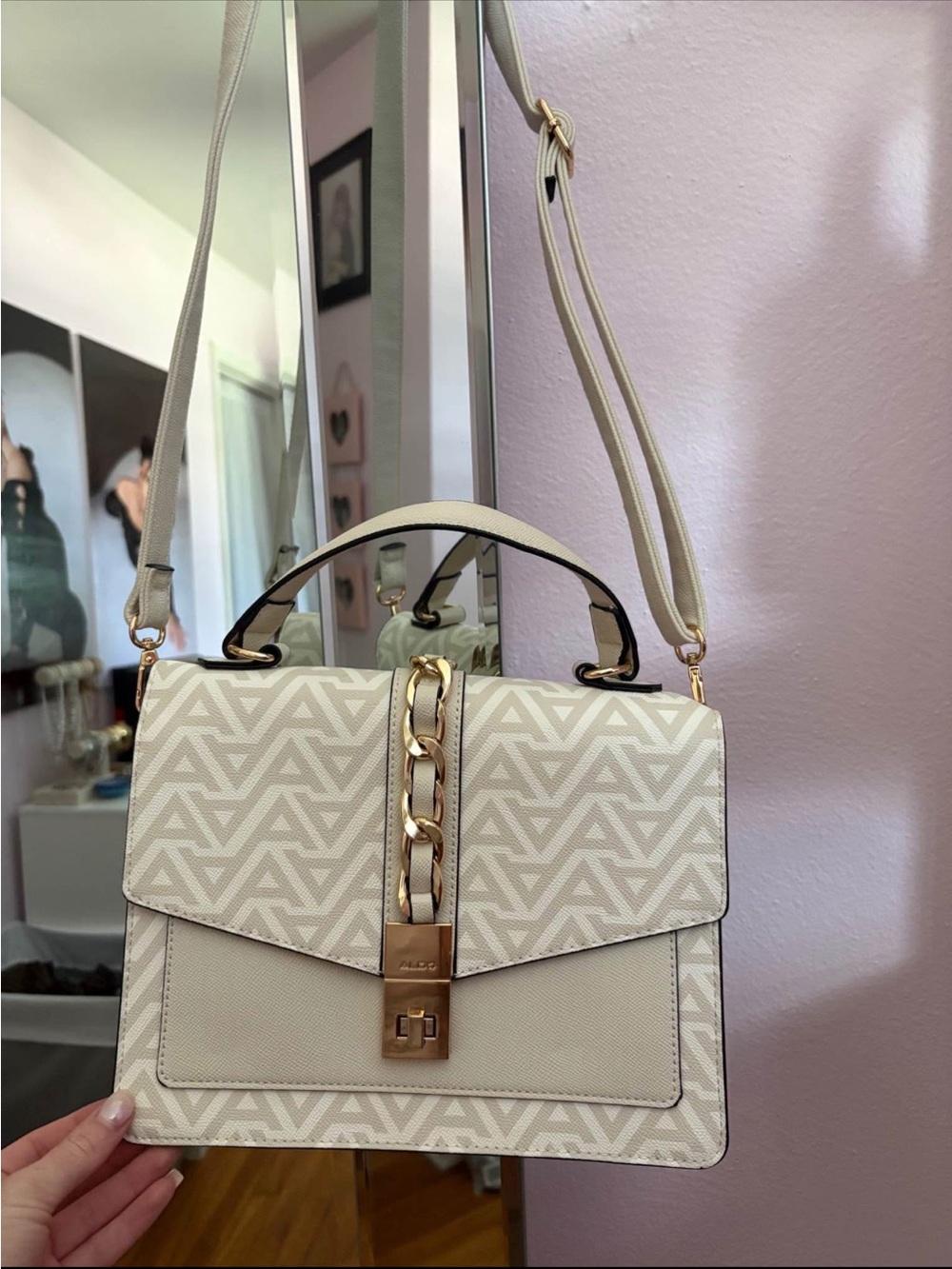 Aldo Cream Patterned Top-Handle Crossbody with Gold Chain